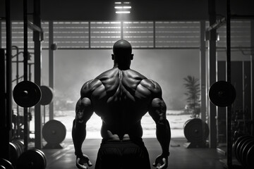 Fototapeta na wymiar Muscular black bodybuilder with gym. Rear view of bald athlete with broad back. Monochrome illustration of Generative AI