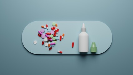 Creative layout of pills, capsules and bottle 3D rendering for ui, ux, Health care, medical