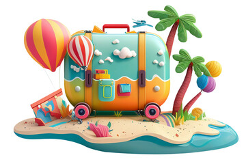 3d illustration suitcase with on the beach island travel vacation tourist summer holiday idea concept, isolated on white and transparent background, ai generate - obrazy, fototapety, plakaty