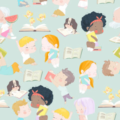 Seamless Pattern with Cute Little Children reading Books