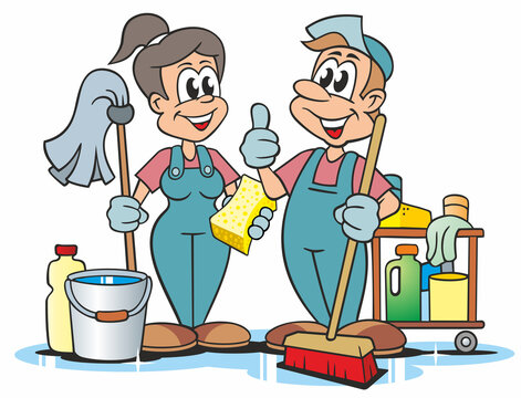 Cartoon, Reinigungskraft männlich und weiblich, mit Besen, Eimer und Reinigungsmittel