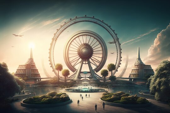 Experience the Thrill: A Cinematic AI-Generated Futuristic Amusement Park by Weta Digital with Realistic Detail and Spectacular Vantage Points, Generative AI