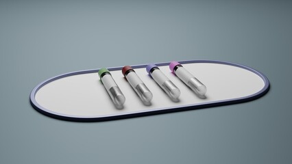 Creative layout multi color test tube on grey background 3D rendering for ui, ux, Health care, medical