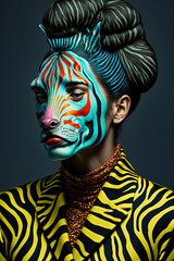 portrait of a woman in a colorful zebra inspired mask. high fashion concept art. Generative art.