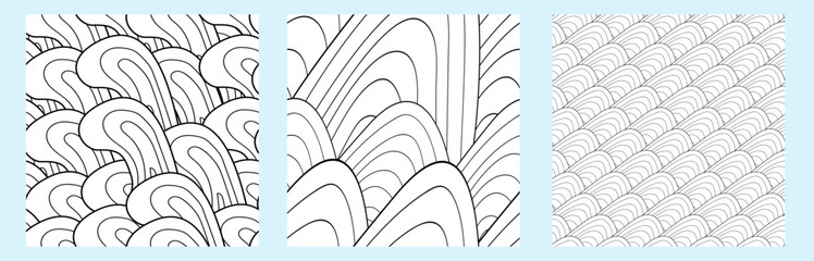 Set of seamless asian patterns. Art sea background vector. Contemporary black and white design. Abstract texture. Japanese traditional style.