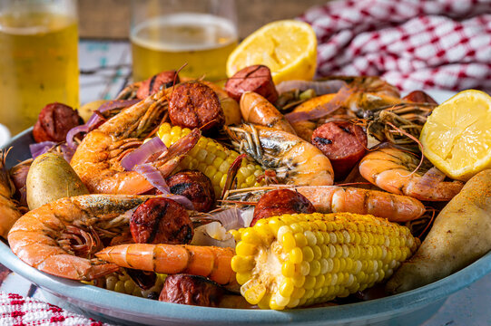 Boiled shrimp on a platter Southern US style. Low country boil.