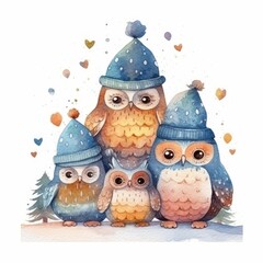 Watercolor cute boho owls. Watercolor owl with flowers on the head. Watercolor forest baby animal print