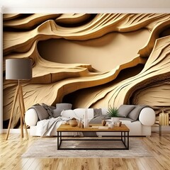 Interior of a room in wood style texture brown beige oak with sofa, table and  lights- AI generated