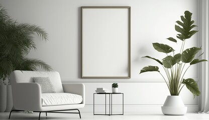Obraz na płótnie Canvas White blank poster mockup in living, scandinavian style, Generative ai