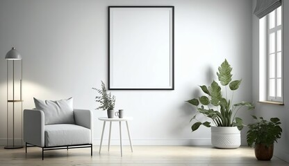 White blank poster mockup in living, scandinavian style, Generative ai