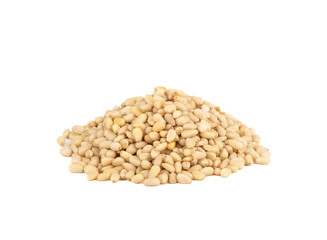 A bunch of shelled pine nuts on a white background.