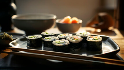 Delicious Sushi Platter with Wasabi and Soy Sauce for the Perfect Japanese Meal