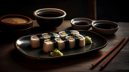 Fresh and Flavorful Sushi Roll Plate with Chopsticks and Wasabi