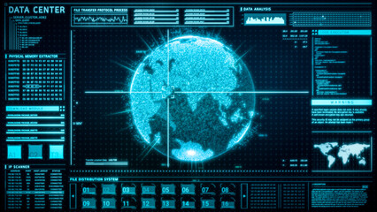 Naklejka premium Futuristic digital cyber security data center user interface screen background, hi-tech holographic big data analysis head up display dashboard, artificial intelligence network technology 3d rendering