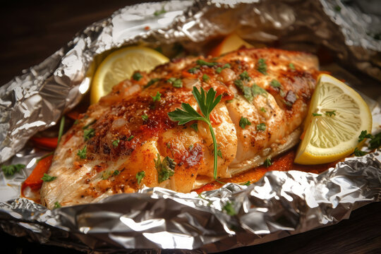 Grilled Tilapia in Foil delicious meal by Ai generated.
