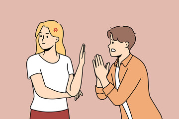 Desperate man ask woman about forgiveness. Stressed male beg girl about second chance. Cheating and forgiving. Relationship problem. Vector illustration. 