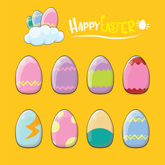 Set of colorful hand drawn Easter eggs with different colors isolated on orange background. Spring holiday. Vector Cartoon Happy easter eggs set and clip art collection