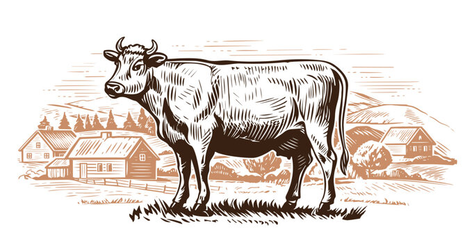Dairy cow is grazing in meadow near farm. Rural landscape. Milk farm, sketch vector illustration