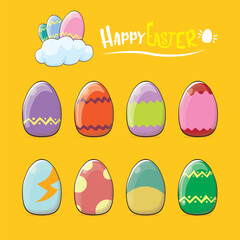 Set of colorful hand drawn Easter eggs with different colors isolated on orange background. Spring holiday. Vector Cartoon Happy easter eggs set and clip art collection