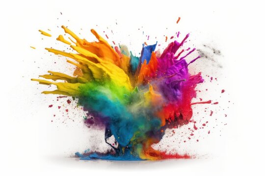 Colourful paint splashes in the shape of a love heart, Coloured powder explosion. Paint holi, Mix rainbow splash on isolated white background - Generative AI Illustration