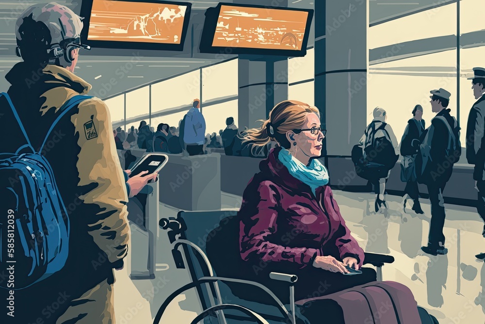 Sticker person in wheelchair getting last-minute bag check for flight at busy airport terminal, created with