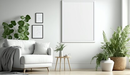 White blank poster mockup in living, scandinavian style, Generative ai