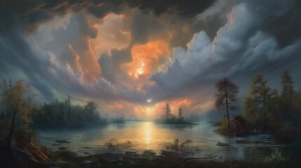 a cloudy sky over a body of water,a photorealistic painting