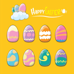 Set of colorful hand drawn Easter eggs with different colors isolated on orange background. Spring holiday. Vector Cartoon Happy easter eggs set and clip art collection