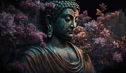 buddha statue in the temple, colorful wall print, home decor design, 