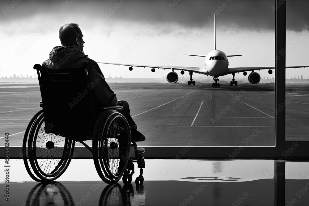 Poster man in wheelchair, boarding plane with view of the runway and planes, created with generative ai