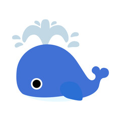 Cute blue baby whale blows. Isolated on white background, flat design, EPS10 vector
