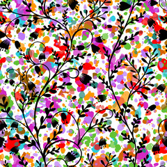 Small flowers and twigs with colored blots. Vector illustration