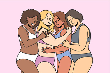 Smiling body positive interracial women in underwear posing together hugging. Happy multiethnic females of different sizes embrace. Body positivity. Vector illustration. 