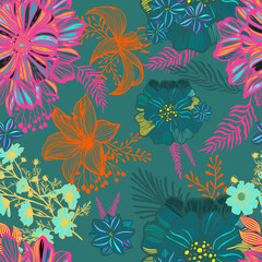 Seamless pattern bright flowers on a dark background. Vector illustration for fashion, textile, fabric, decoration.
