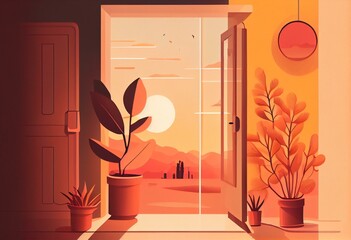 illustration of atmosphere of Lagom, warm colors, minimalistic style, poster style Generative AI