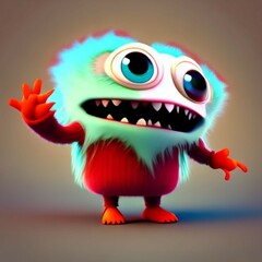 Obraz premium cute, funny, cool monster with big eyes, long arms, colorful skin and red boots, colorful long hair, gradient background, Generative AI