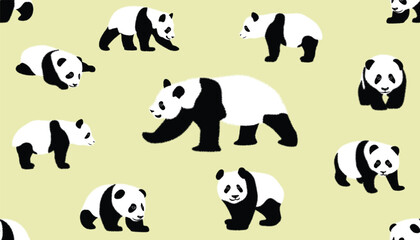 Fototapeta premium Set of realistic adult giant pandas bears and their cubs. Animals of China. panda illustrations set. Vector seamless pattern with hand drawn pandas. Cute characters, beautiful design elements, perfect
