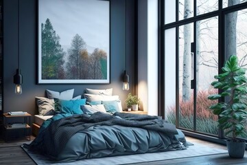 A stylish and modern bedroom with a king-size bed and a large window. Generative Ai.