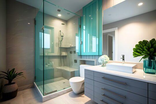 A stylish and modern guest bathroom with a glass shower enclosure and a floating sink. Generative Ai.