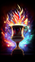 Burning gold trophy cup isolated on black background, flames around. Concept of success and effort.