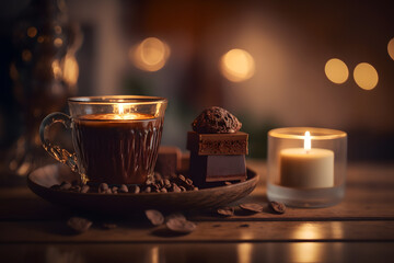 Cup of coffee and chocolate candies on wooden table in cozy room. Copy spase. Bokeh background. Artistic blur. Generative AI technology.
