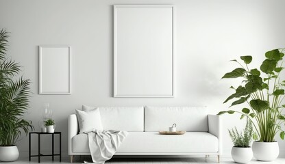 Naklejka na ściany i meble White blank poster mockup in living, scandinavian style, Generative ai