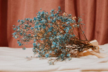 blue and white dried flowers on a pink satin background