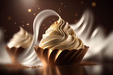 Close up of a whipped cream swirl. Chocolate splash on dark background. 3d renderingd illustration. Generative AI technology. - obrazy, fototapety, plakaty