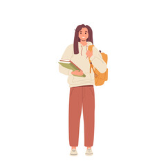 Young woman holding books in hand and carrying bag on shoulders vector illustration on white