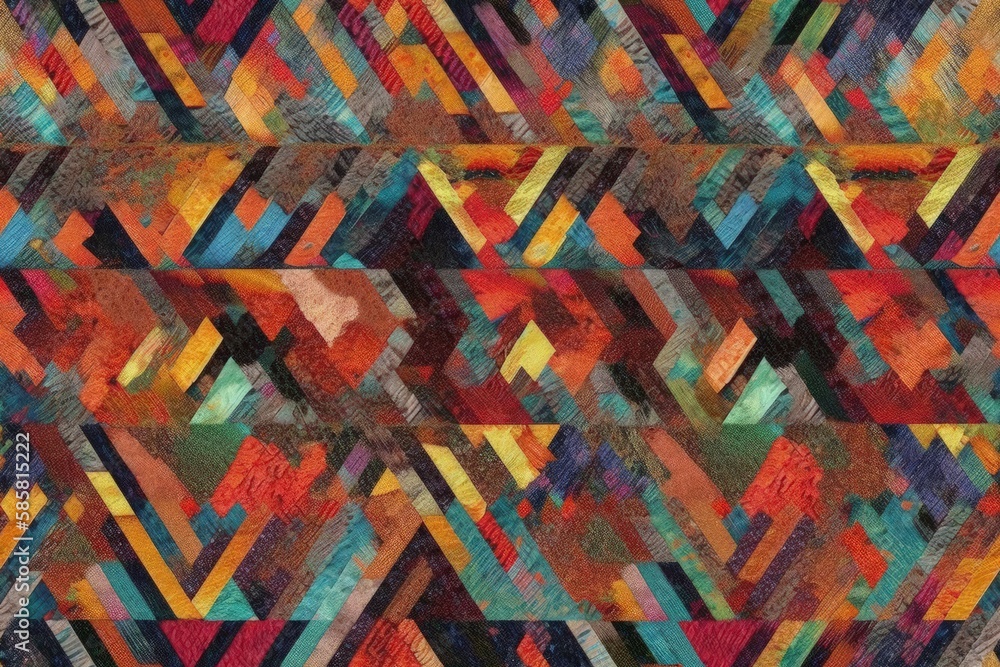 Poster vibrant diagonal quilt pattern in multiple colors. generative ai