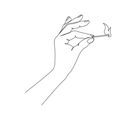 Continuous one line drawing of hand holding burning match. simple burning match stick on hand line art vector illustration. Editable stroke.