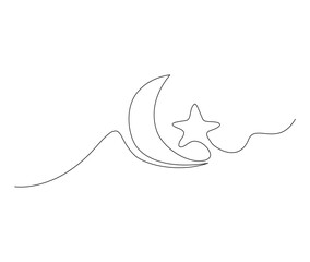 Continuous one line drawing of crescent moon for ramadhan element. simple crescent moon and star line art vector illustration. Editable stroke.