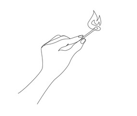 Continuous one line drawing of hand holding burning match. simple burning match stick on hand line art vector illustration. Editable stroke.