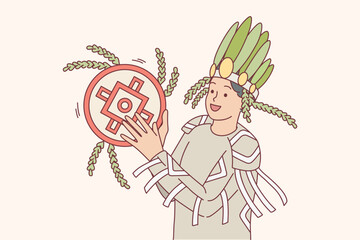 Smiling man in traditional costume play instrument 